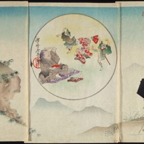 Traditional Japanese woodblock illustration of The Tongue-Cut Sparrow.