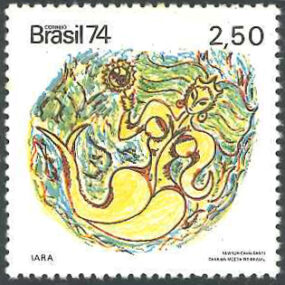 Public-domain 1974 Brazilian government stamp illustration depicting the folklore figure Iara.