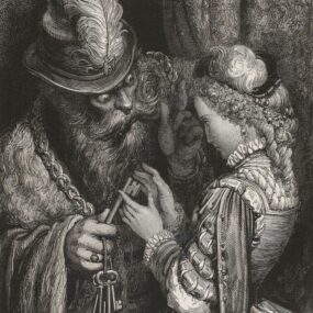Public-domain Gustave Doré illustration of Bluebeard giving his wife the keys to his castle.